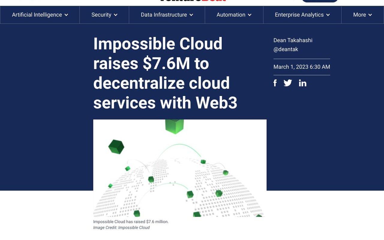 VentureBeat coverage of Impossible Cloud funding